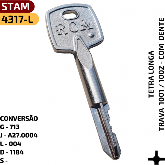 REFERNCIAS:
::G - 713
::J- A27.0004
::L- 004
::D- 1184
::Cdigo Stam - 41005



APLICAO:
:: Fechaduras Stam 1001 - 1002 - 1003 - KIT SEG. 1500/1600



CARACTERSTICA:
:: Chave Tetra Niquelada