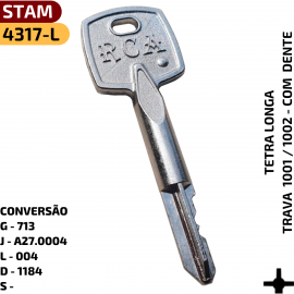 REFERNCIAS:
::G - 713
::J- A27.0004
::L- 004
::D- 1184
::Cdigo Stam - 41005



APLICAO:
:: Fechaduras Stam 1001 - 1002 - 1003 - KIT SEG. 1500/1600



CARACTERSTICA:
:: Chave Tetra Niquelada